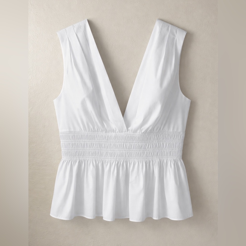 Veronica Bread white Smocked peplum Deep V neck Top